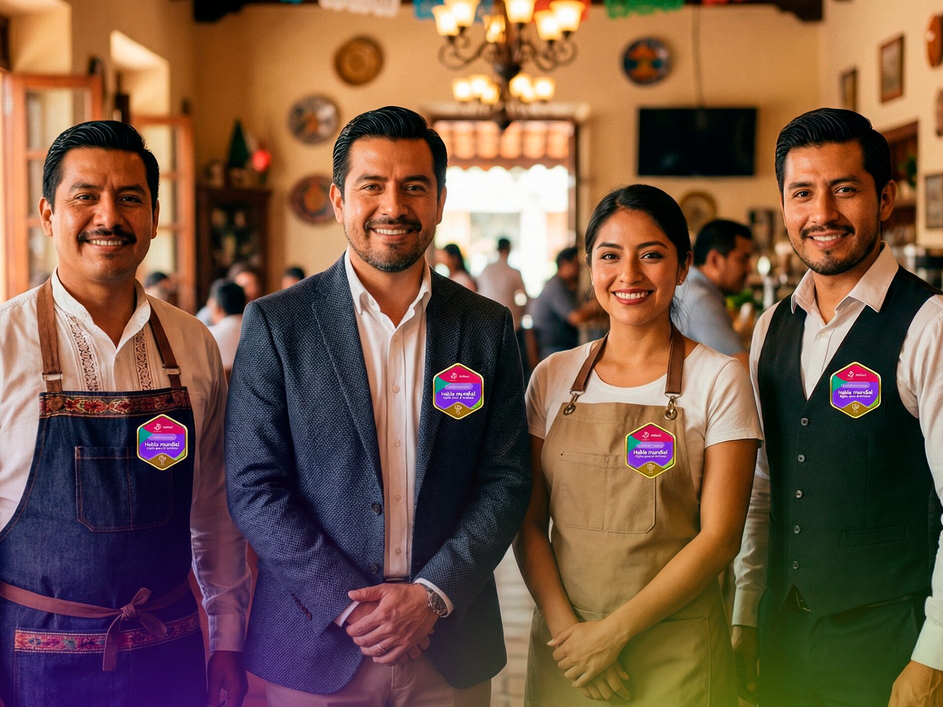 Personal de restaurante y hotelería en México portando distintivos de la certificación Habla Mundial.