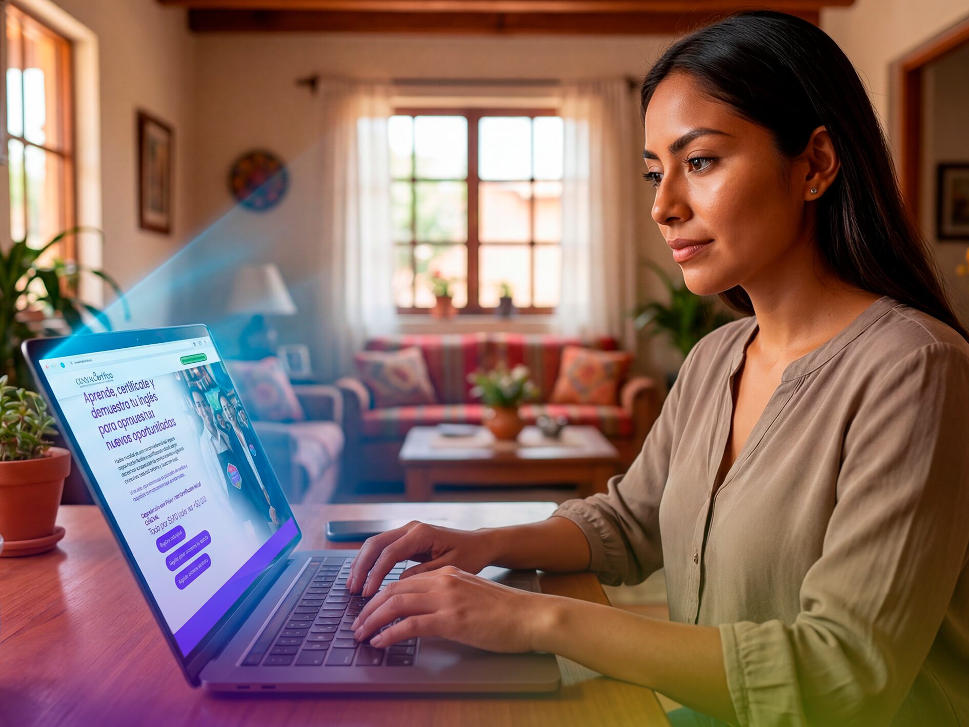 Mujer joven estudiando inglés para el turismo desde su laptop en casa a través de hablamundial.ceneval.edu.mx.