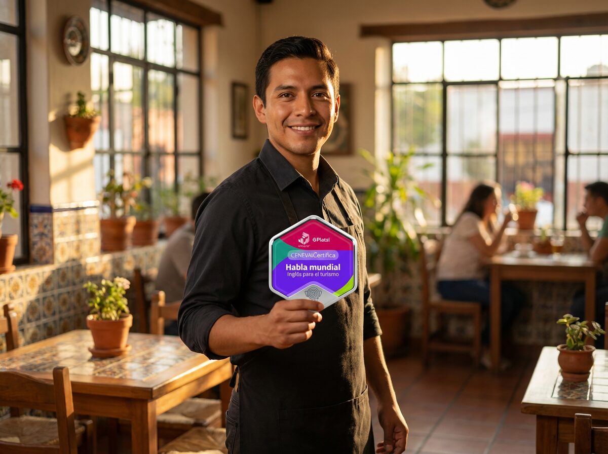 Un mesero sonriente con delantal negro en un restaurante mexicano tradicional, decorado con azulejos y plantas, sostiene la placa de certificación "Habla Mundial: Inglés para el turismo" avalada por Ceneval.