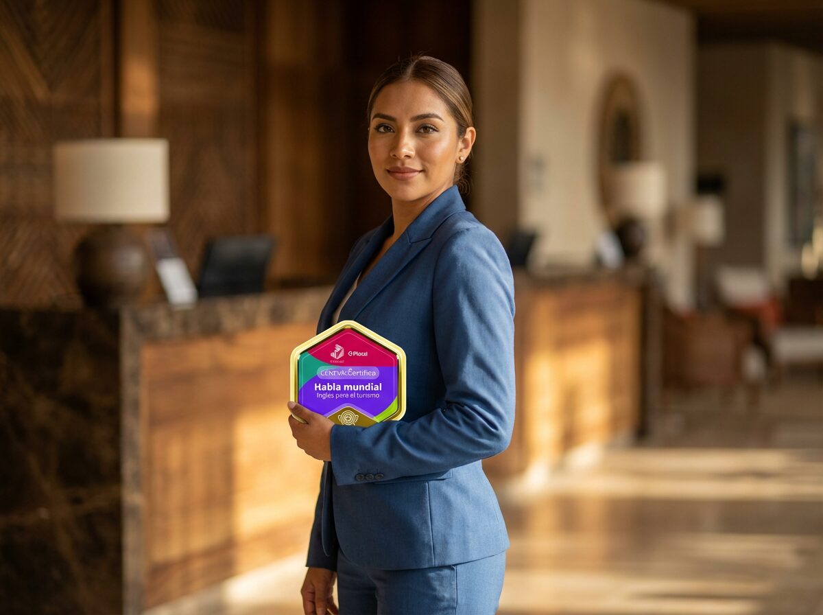 Una gerente de hotel vestida con traje azul sostiene una placa grande y colorida de la certificación "Habla Mundial: Inglés para el turismo" de Ceneval y Platzi, de pie en el lobby de un hotel de alta categoría.