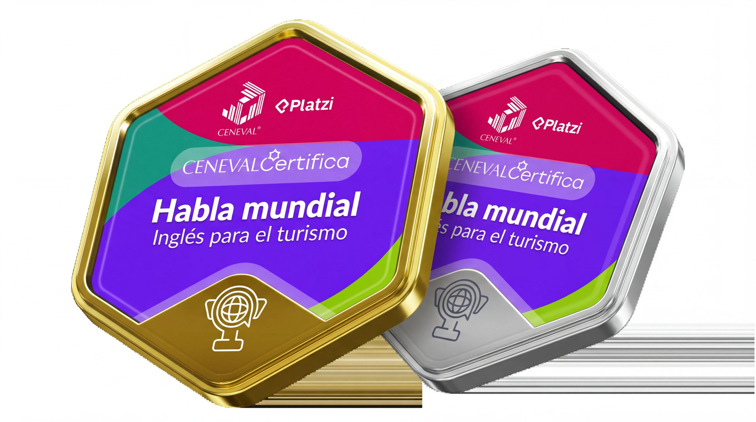 Primer plano detallado de dos insignias hexagonales, una con borde dorado y otra plateado. Ambas muestran los logos de "Ceneval Certifica" y "Platzi", y el texto central "Habla mundial: Inglés para el turismo".