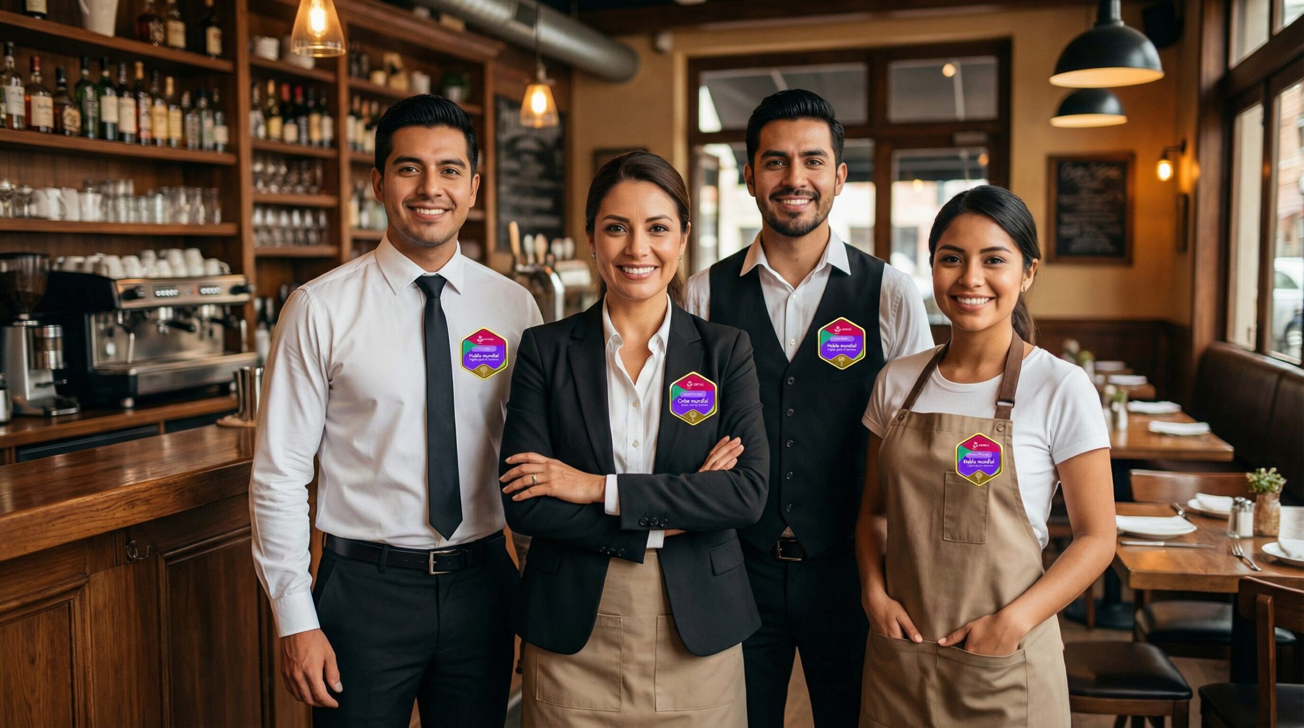 Un equipo de cuatro empleados de restaurante, incluyendo una gerente con saco negro y meseros con chalecos y delantales, posan sonrientes en una cafetería. Todos llevan en el pecho el pin hexagonal de la certificación de inglés "Habla Mundial" de Ceneval.