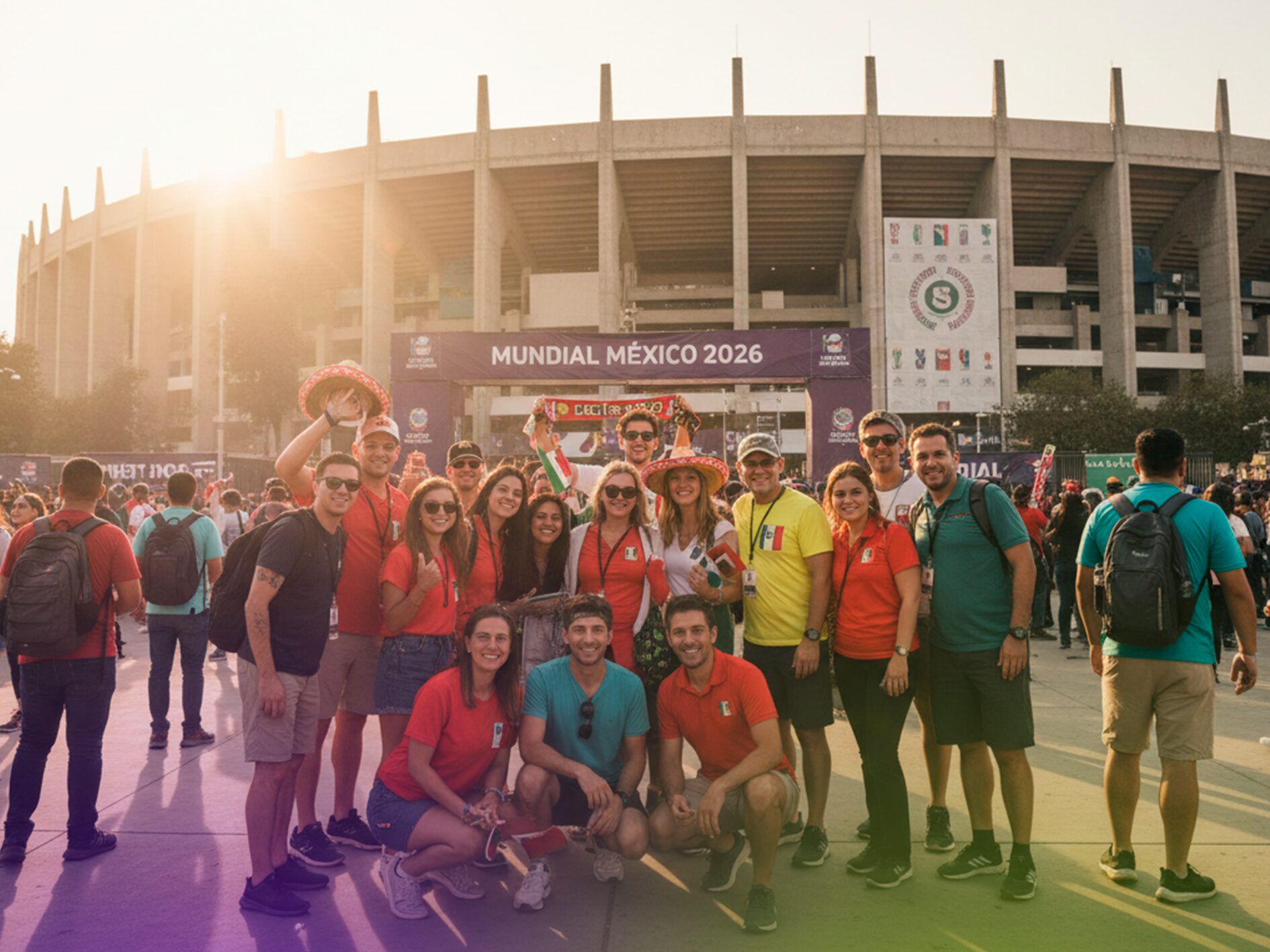 Aficionados y turistas frente al Estadio Azteca celebrando el Mundial México 2026.