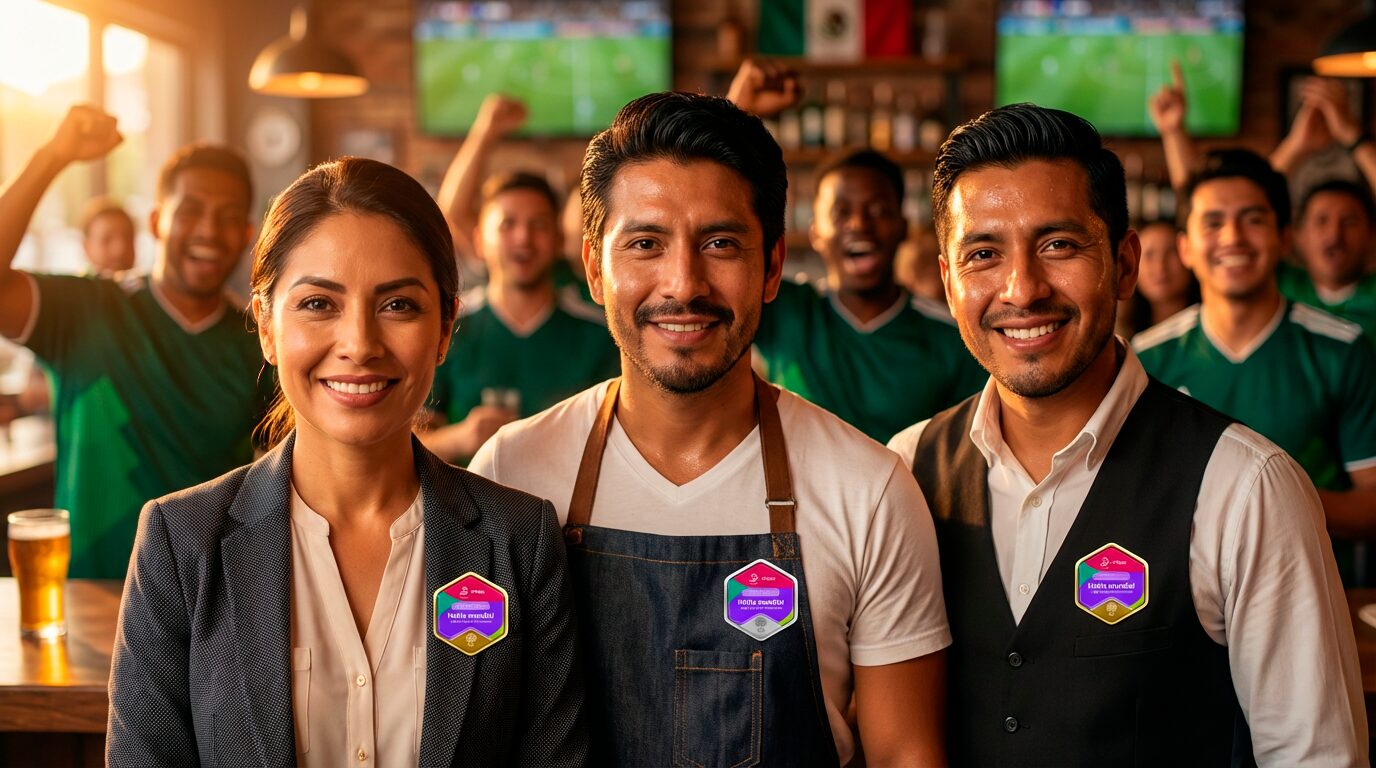 Tres profesionales de la industria restaurantera en México sonríen a la cámara luciendo insignias hexagonales de la certificación de inglés "Habla Mundial" de Ceneval. Al fondo, un ambiente festivo en un bar deportivo con pantallas transmitiendo fútbol y aficionados celebrando.
